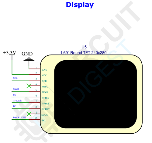 1.69 inch TFT display module pinout showing SPI connections, power pins, and SD card slot for ESP32 oscilloscope