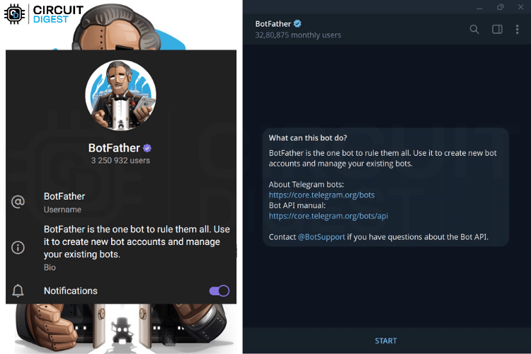 BotFather icon and welcome message screen showing Telegram bot creation interface