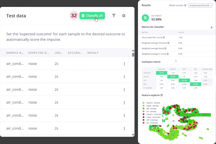 Testing ESP32 voice recognition module accuracy with classify all function in Edge Impulse