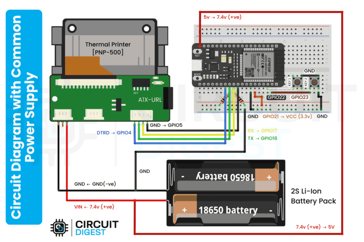 Thermal Printer ESP32 Circuit Diagram With Common Power Supply