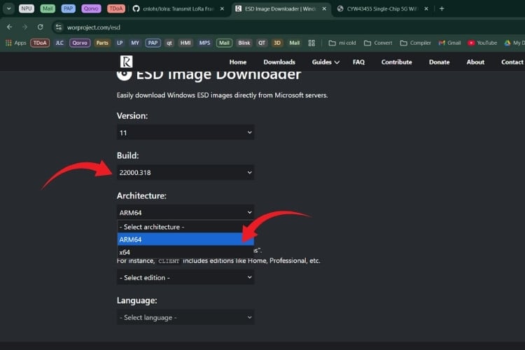 Selecting ARM64 architecture in Windows 11 ESD downloader for Raspberry Pi 4 and Pi 5 compatibility
