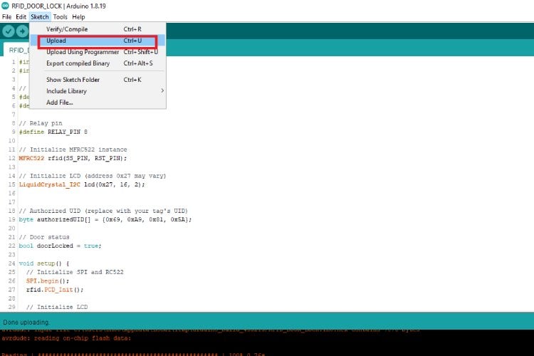 Uploading RFID Door Lock System Code into Arduino