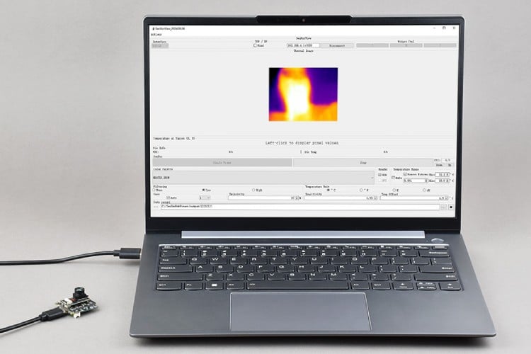 ESP32-S3 infrared camera module capturing and transmitting thermal data to computer interface