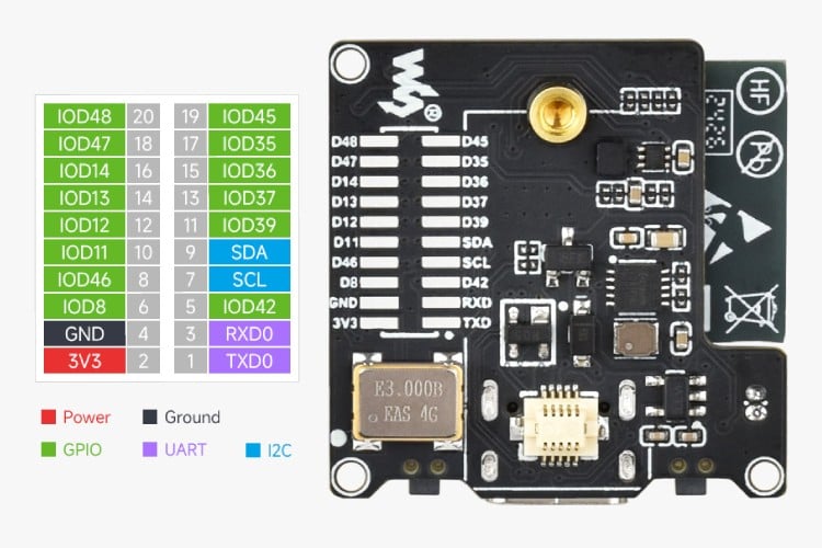 ESP32-S3 thermal camera module pinout with UART, I2C, and GPIO connections