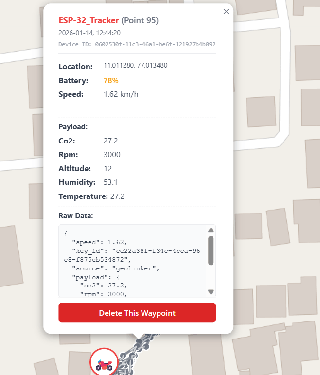 Waypoint information popup showing specific GPS coordinate details with timestamp, location data, and delete waypoint option for individual data points