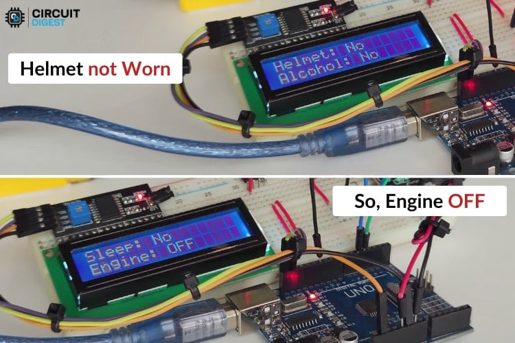 LCD display showing helmet status as NO when not worn, demonstrating wear detection functionality in smart helmet project using Arduino