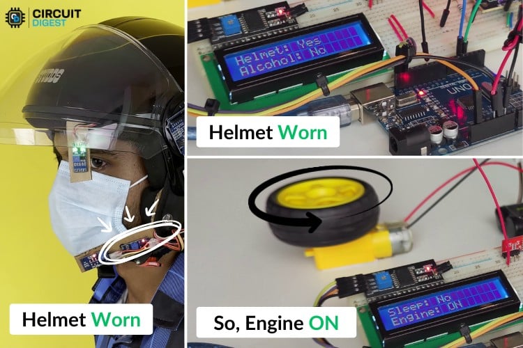 LCD display showing helmet status as YES and engine ON when properly worn, validating wear detection system in smart helmet Arduino project