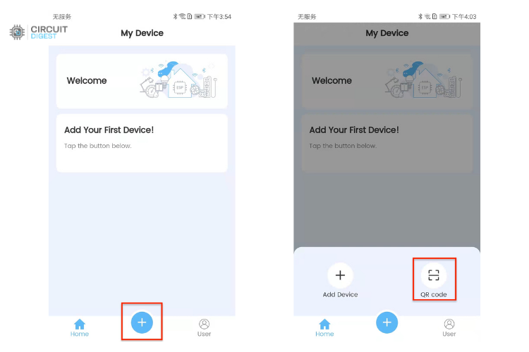 ESP-BOX app welcome screen and QR scanning function for device pairing