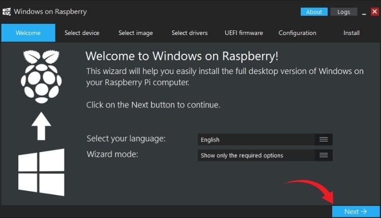 WoR Imager welcome screen for Windows 11 Raspberry Pi installation setup