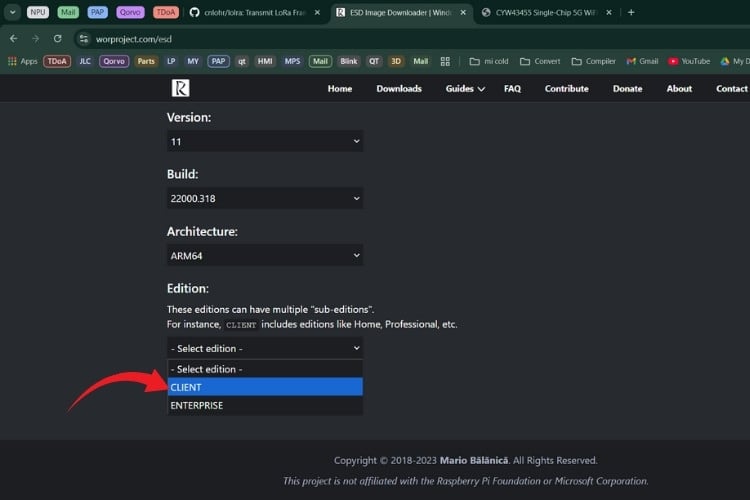 Selecting Windows 11 Home Client ARM64 edition for Raspberry Pi installation