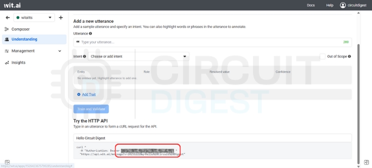 Wit.ai settings page displaying the Server Access Token required for ESP32 TTS integration
