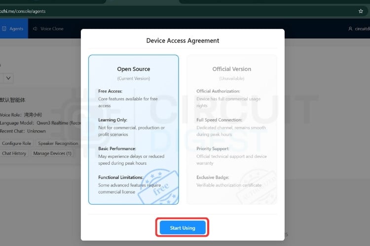 Xiaozhi startup screen showing device access agreement for ESP32 voice assistant