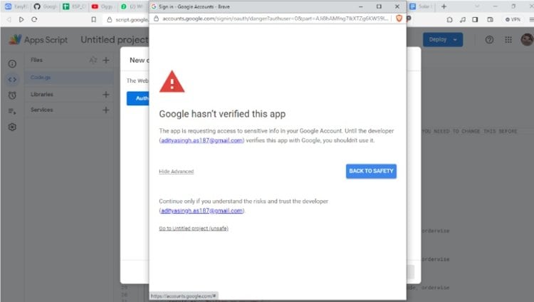 google app script authentication page screenshot