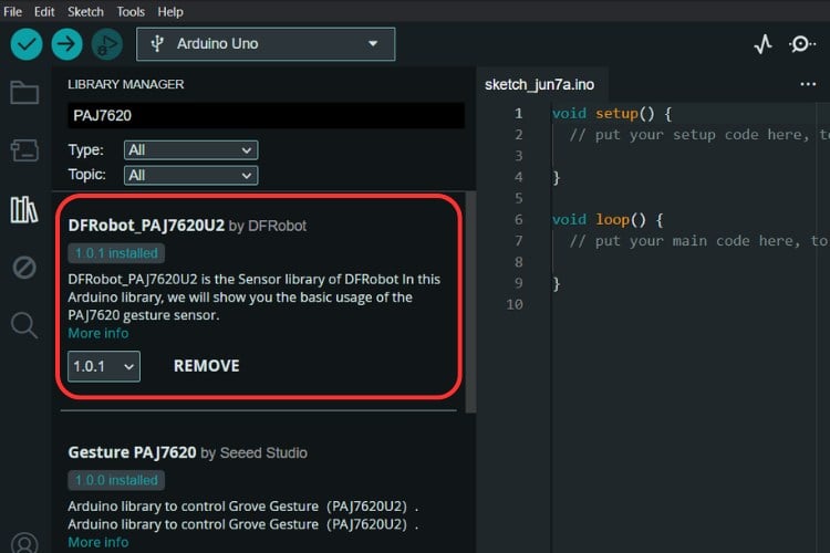 Installing DFRobot_PAJ7620U2 Library in Arduino IDE