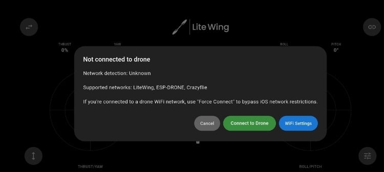 LiteWing ESP32 app drone connect popup