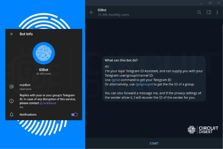 MyIDBot welcome message interface for obtaining Telegram Chat ID for ESP32 CAM bot authentication