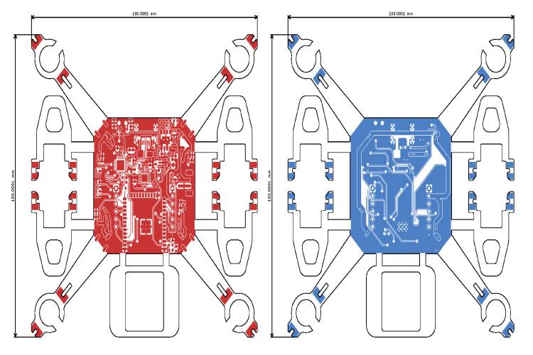 ESP32 drone PCB layout showing top and bottom layers with component placement, motor connections, and antenna design for WiFi controlled flight