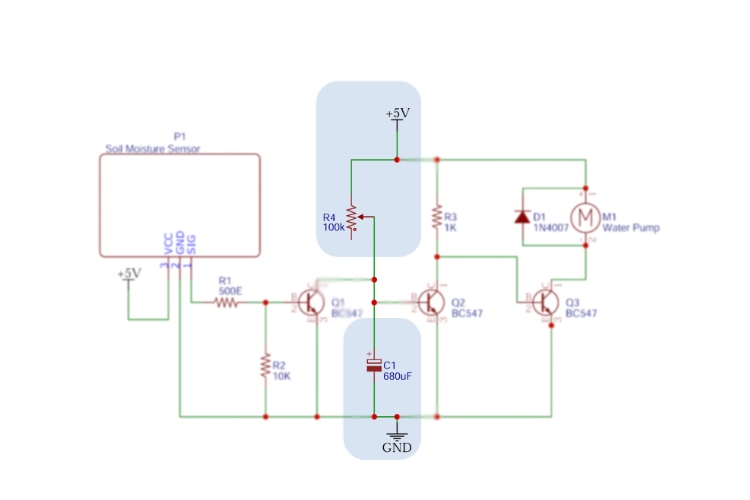 RC timer circuit schematic showing resistor capacitor configuration for automatic plant watering delay control