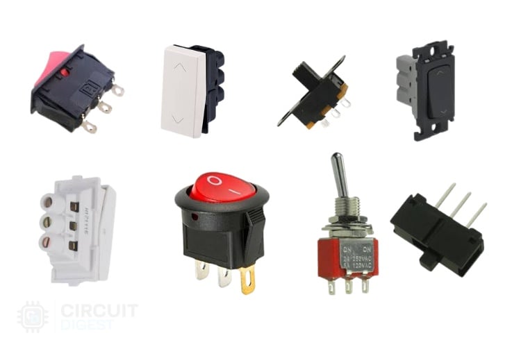 Different types of SPDT switches used in two way switch connections for electrical wiring