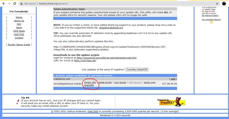 FreeDNS Select Dynamic DNS Web Page
