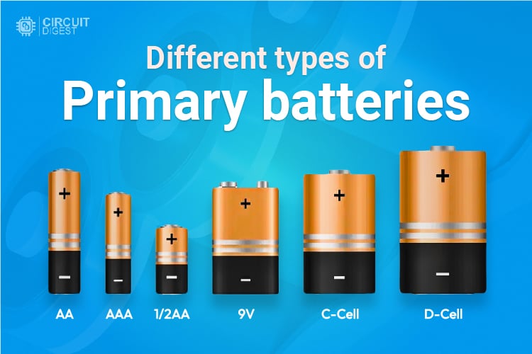 Different types of primary batteries including alkaline AA, AAA, C, D cells and 9V batteries used in electronics