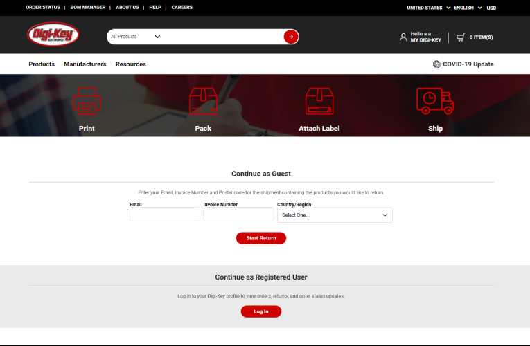 Updated Version of Digi-Key Electronics Online Returns and Order Issues Portal
